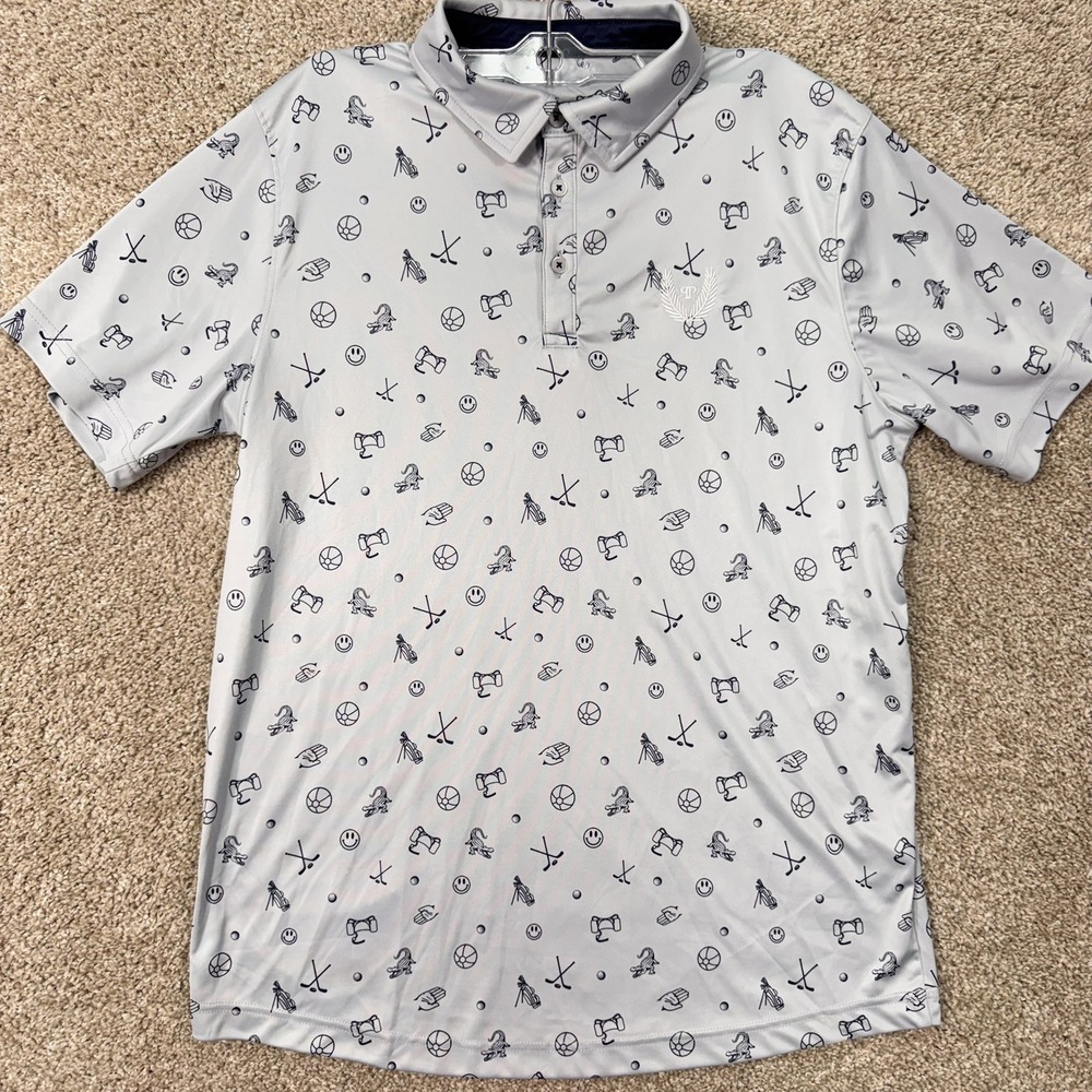 Swannies Polo Shirt Mens Medium Gray All Over Novelty Print Golf EUC